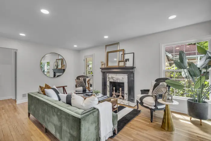 Living room with round mirror