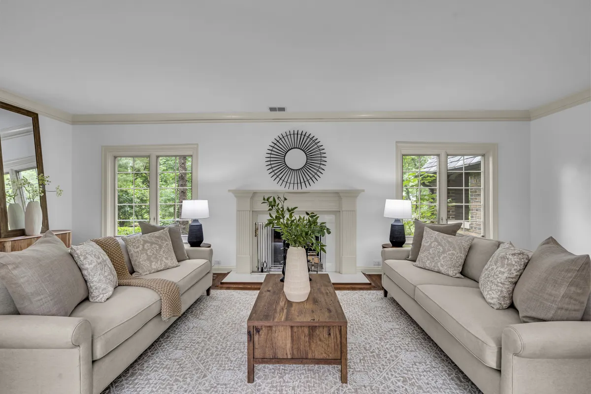 Bright living room with fireplace